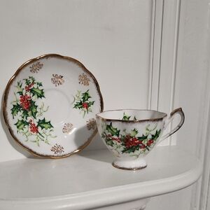 Queen Anne fine bone china England tea cup and saucer Christmas design with gold